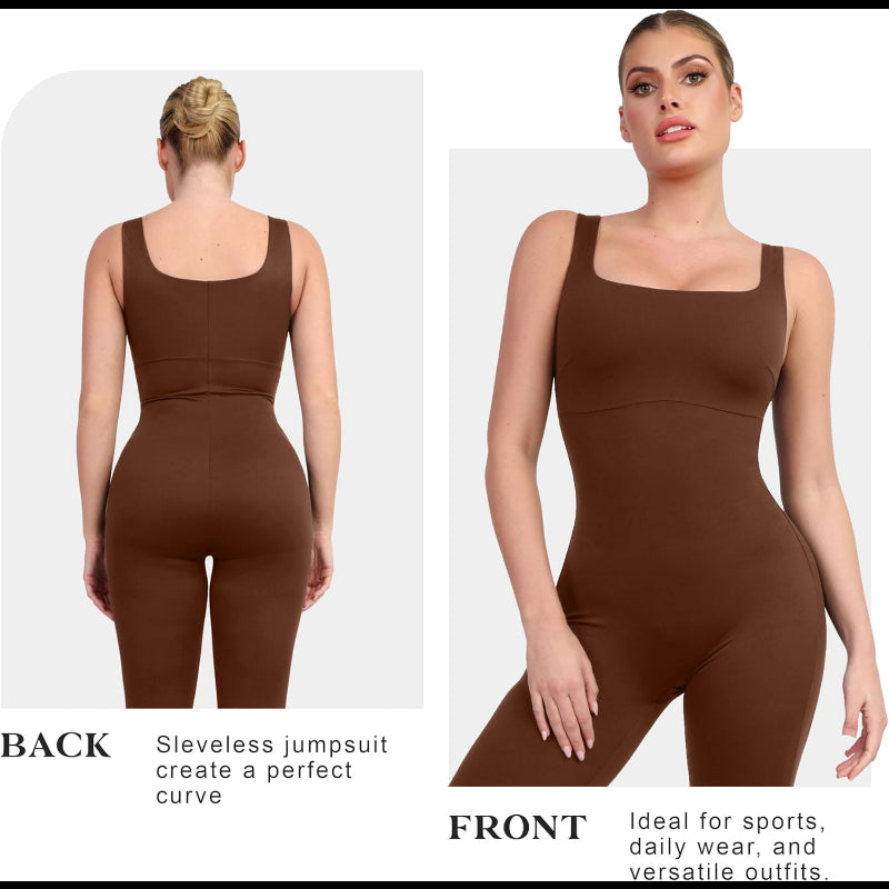 Avis sleeveless brown tummy control jumpsuit with a square neckline, designed to create a perfect curve