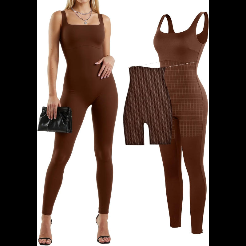 Avis brown tummy control jumpsuit with seamless design on model holding black clutch