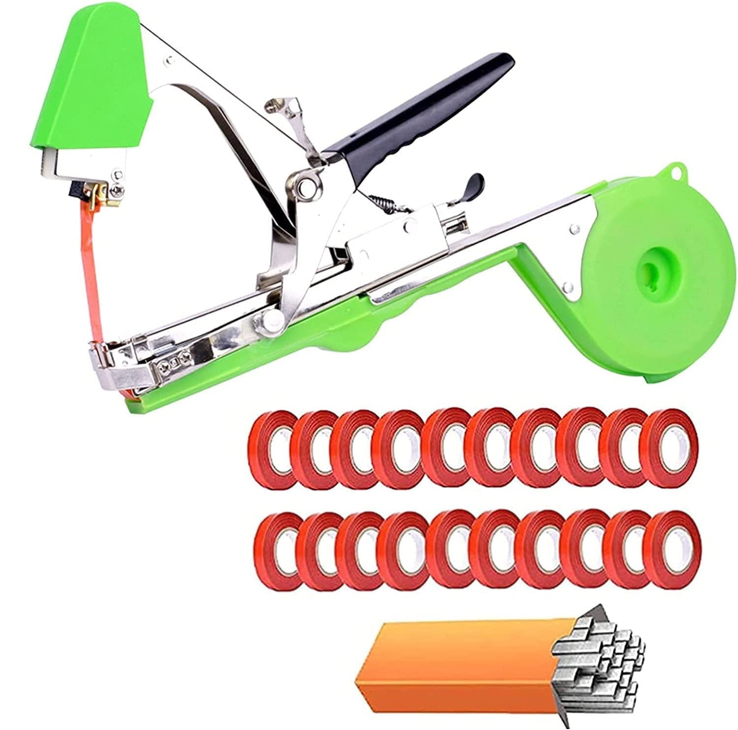 ForKumi vine tying tool kit with green hand-held device and multiple red tying tapes for gardening