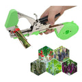 ForKumi green vine tying tool kit being used to tie plant stems with images of tomatoes grapes and other vegetables