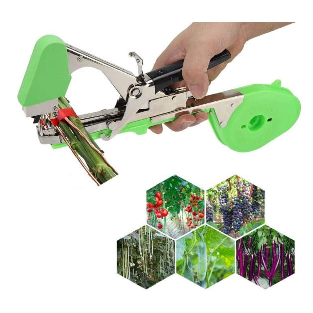 ForKumi green vine tying tool kit being used to tie plant stems with images of tomatoes grapes and other vegetables