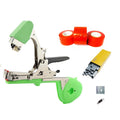 ForKumi vine tying tool kit with green tying gun, red tape rolls, metal staples, and spring for home gardening