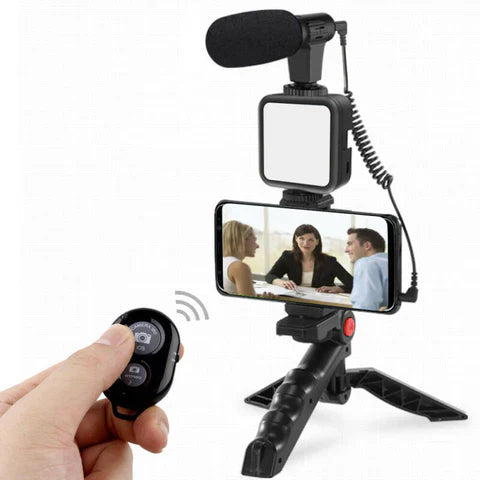 ForKumi vlog creator kit with microphone featuring tripod, LED light, and remote control for smartphones
