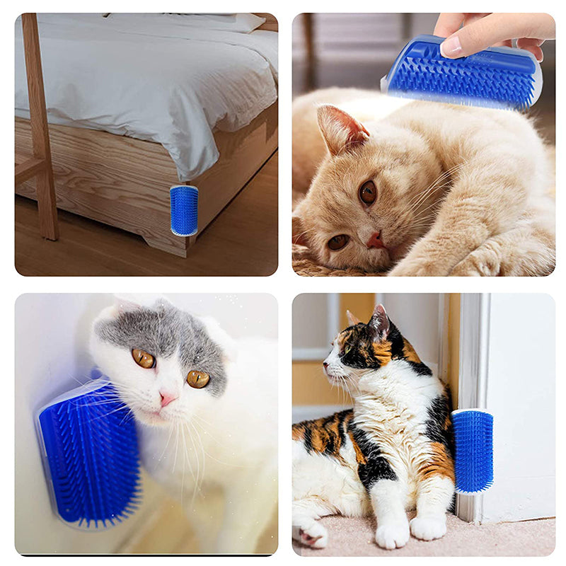 ForKumi blue wall mounted cat brush used for grooming cats by rubbing against it