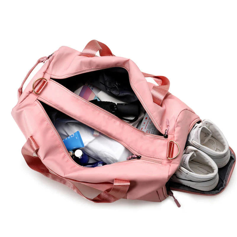 ForKumi pink waterproof gym duffel bag with separate shoe compartment and main storage space