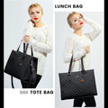 ForKumi waterproof laptop tote bag in black quilted design worn by woman in white sweater
