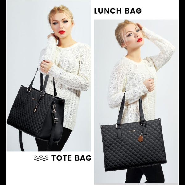 ForKumi waterproof laptop tote bag in black quilted design worn by woman in white sweater