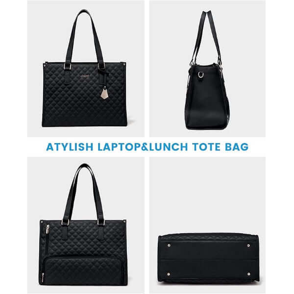 ForKumi waterproof laptop tote bag in black quilted design shown from multiple angles