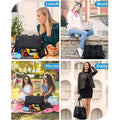 ForKumi waterproof laptop tote bag shown in various daily life settings including lunch, work, picnic, and casual outings
