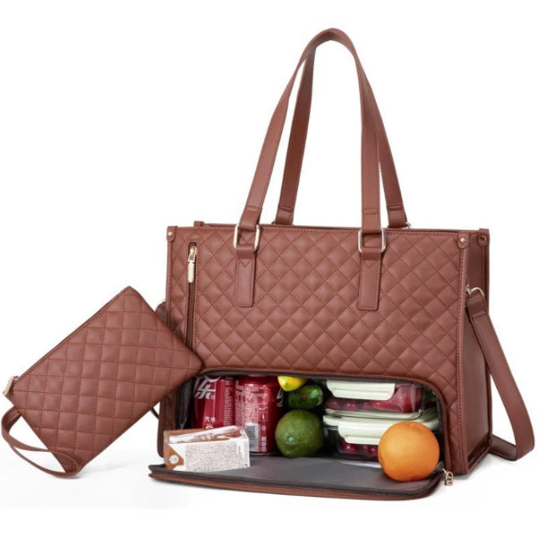 ForKumi waterproof laptop tote bag in brown with quilted design and insulated compartment for food and drinks