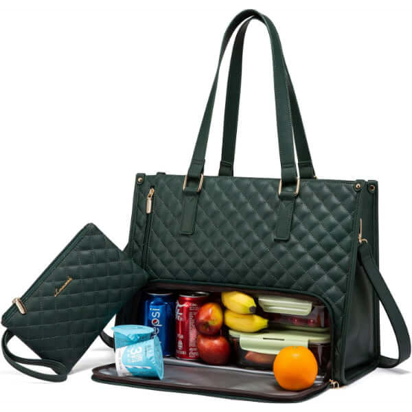 ForKumi waterproof laptop tote bag in dark green with quilted design and storage for drinks and snacks