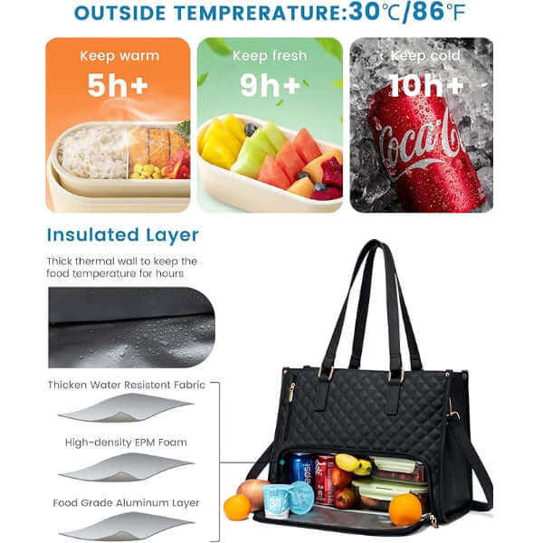 ForKumi waterproof laptop tote bag black insulated lunch storage with temperature retention up to 10 hours