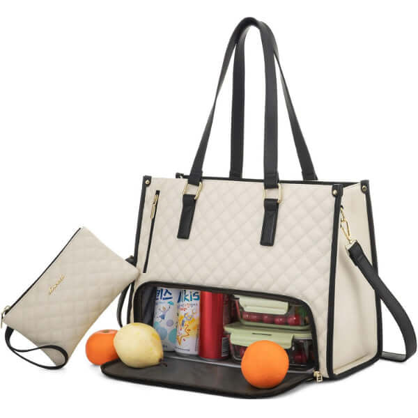 ForKumi waterproof laptop tote bag in beige with black straps and insulated compartment for food and drinks