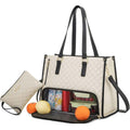 ForKumi waterproof laptop tote bag in beige with black straps and storage compartments for drinks and snacks