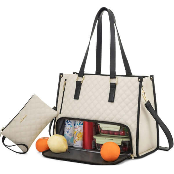 ForKumi waterproof laptop tote bag in beige with black straps and storage compartments for drinks and snacks
