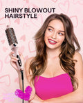 Woman holding Avis ionic thermal styling brush for shiny blowout hairstyle with long wavy hair
