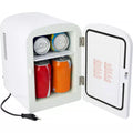 ForKumi 4L mini car fridge in white with door open showing cold soda cans inside