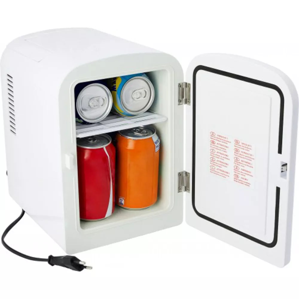 ForKumi 4L mini car fridge in white with door open showing cold soda cans inside