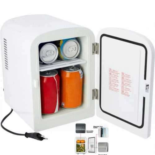 ForKumi 4L mini car fridge in white with open door showing cans inside and power cord