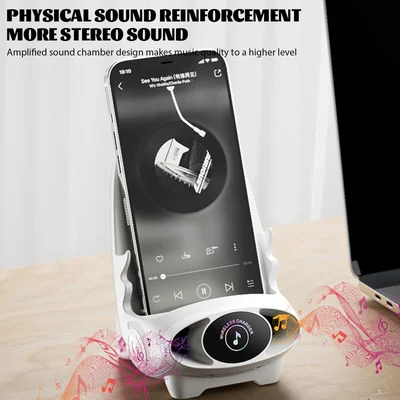 ForKumi 15W wireless charging phone holder with amplified sound chamber and music player display