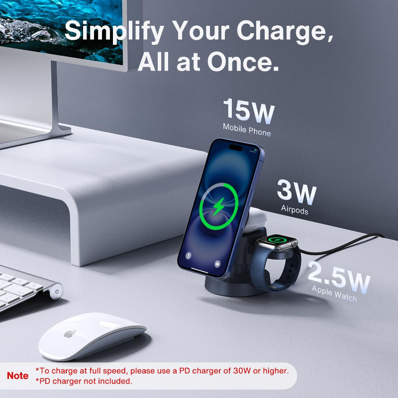 Avis wireless charging night light showing multiple device charging with 15W phone, 3W AirPods, and 2.5W Apple Watch