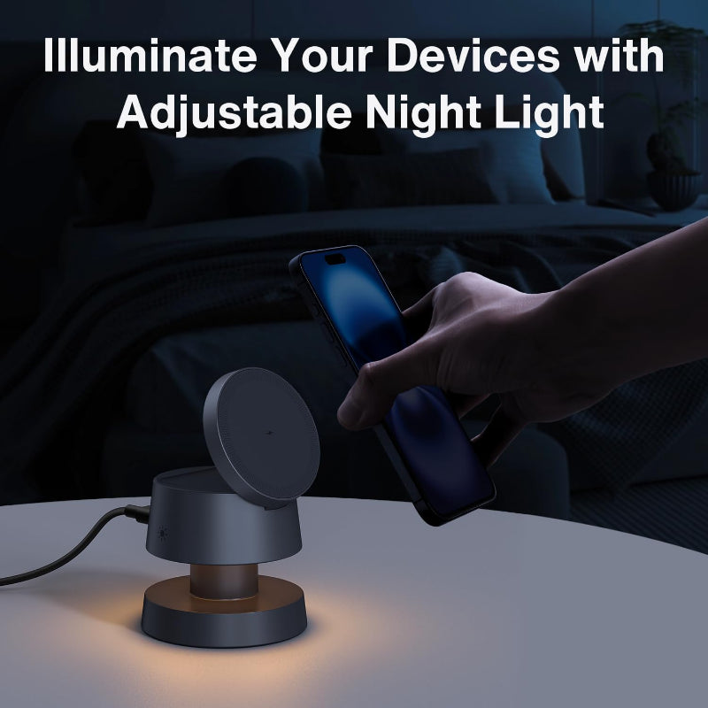 Avis wireless charging night light with adjustable illumination for charging devices on a nightstand