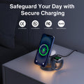 Avis wireless charging night light on bedside table charging a smartphone and smartwatch