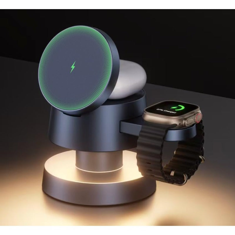 Avis wireless charging night light with multiple device charging slots including smartwatch and earbuds