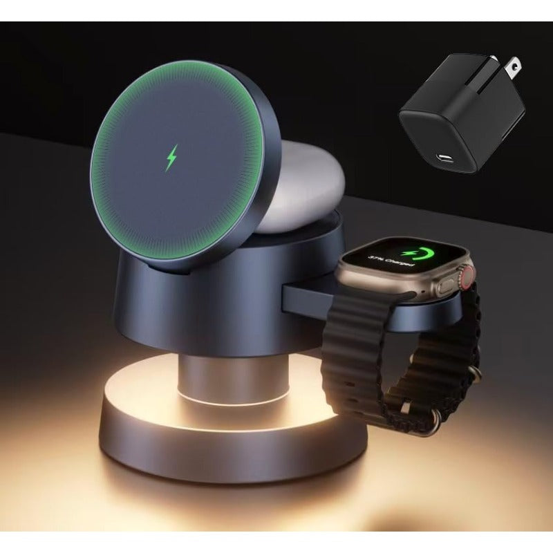 Avis wireless charging night light with charging pads for phone, earbuds, and smartwatch and glowing base