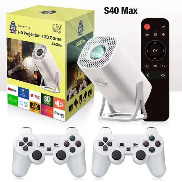 ForKumi S40 Max wireless HD projection controller with white projector, remote, and two game controllers