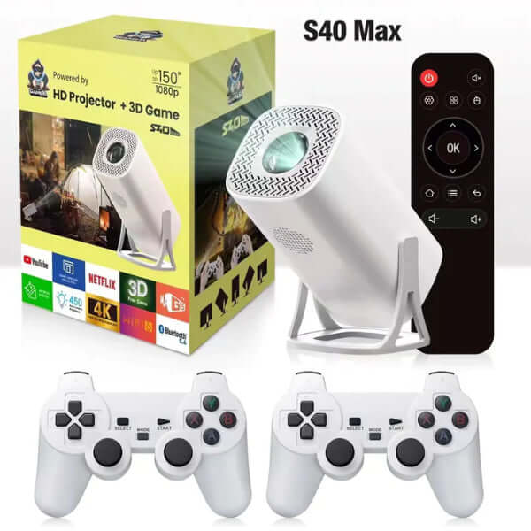 ForKumi digital series wireless HD projection controller with white gamepads, projector, remote, and accessories