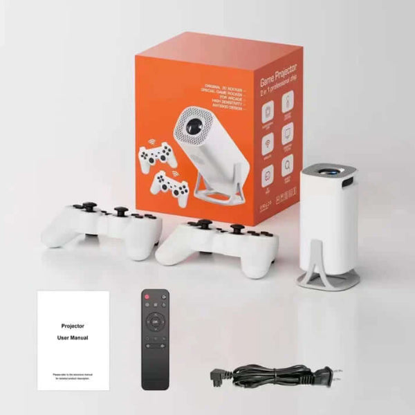 ForKumi digital series wireless HD projection controller with two white game controllers, remote, projector, and user manual