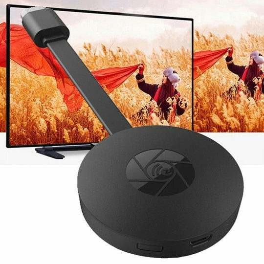 ForKumi wireless TV casting adapter showing streaming device in front of a TV with vibrant outdoor scene