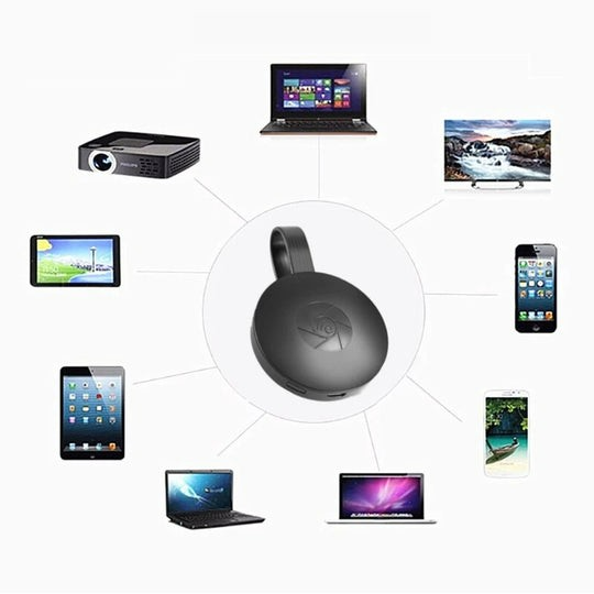 ForKumi wireless TV casting adapter connecting multiple devices including laptops tablets and smartphones