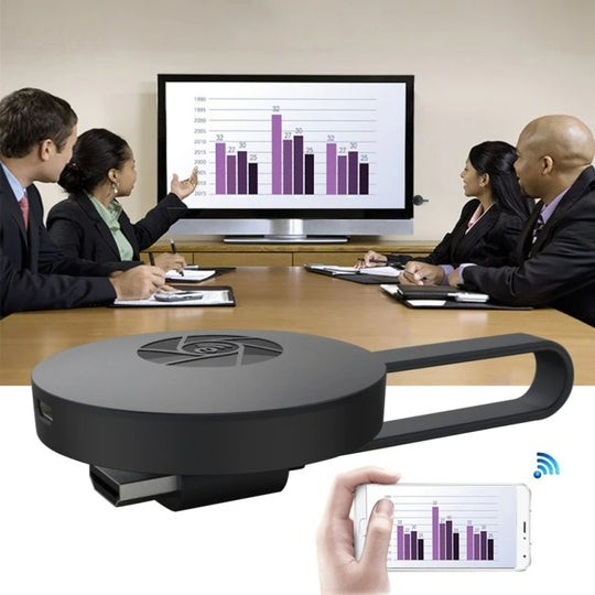 ForKumi wireless TV casting adapter streaming bar chart from smartphone to meeting room screen