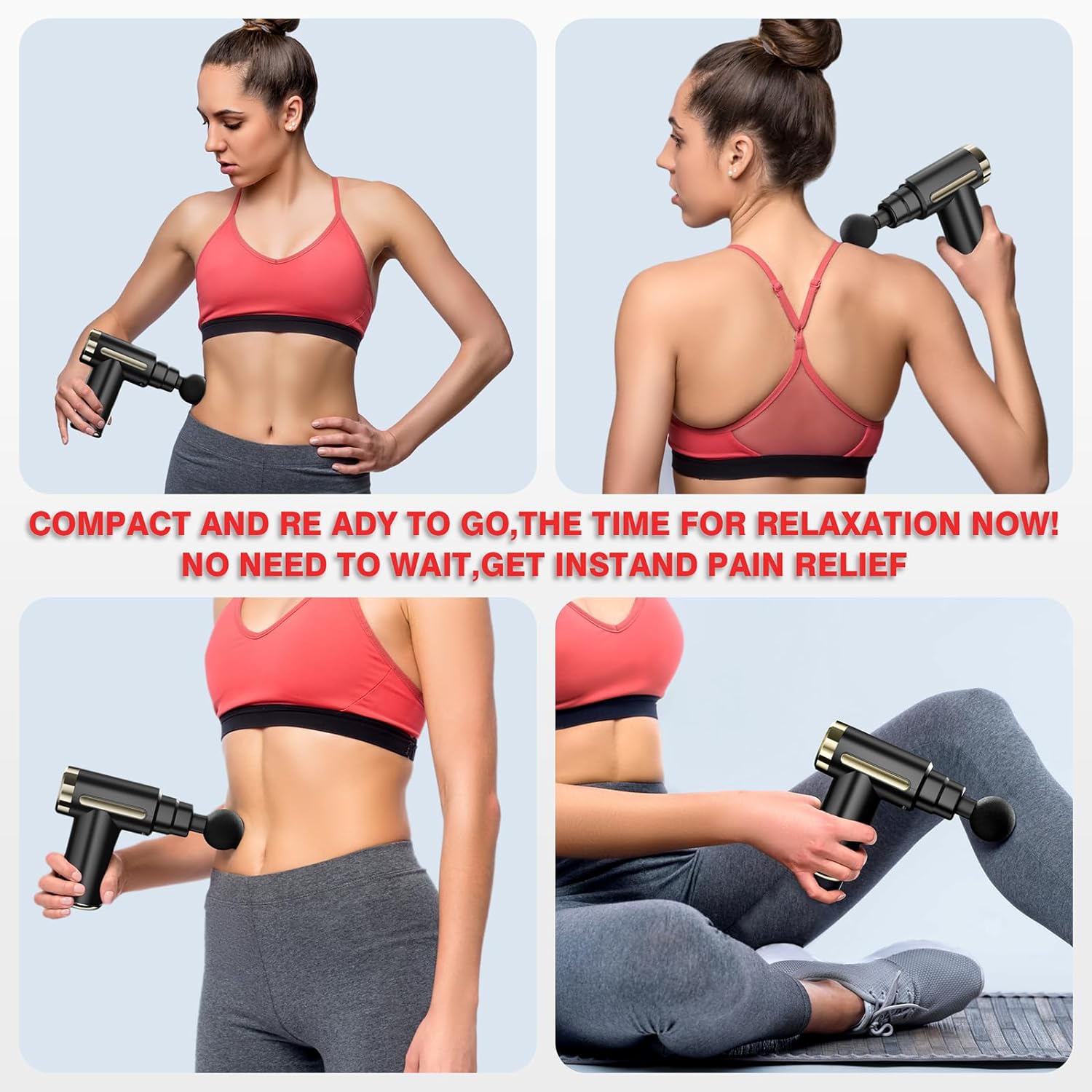 ForKumi mini percussion massage gun being used on arms, back, and legs for muscle relief