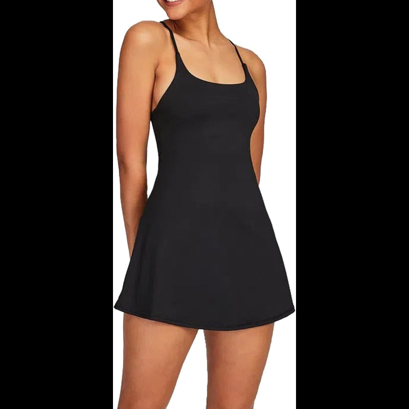 Avis black women's active dress with spaghetti straps and flared skirt for casual wear
