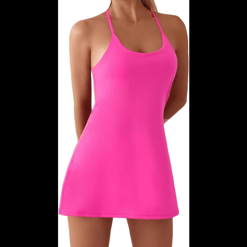 Avis bright pink women's active dress with thin straps and a scoop neckline