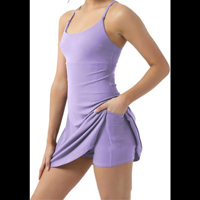 Avis women's active dress in light purple with adjustable straps and built-in shorts for comfort