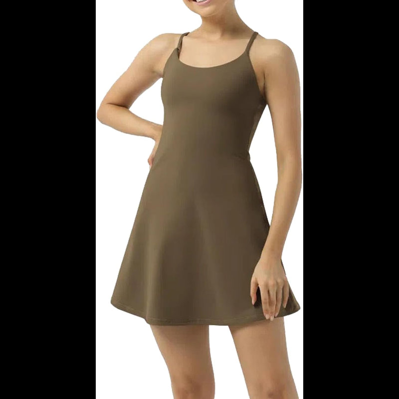 Avis women's active dress in olive green with spaghetti straps and A-line silhouette