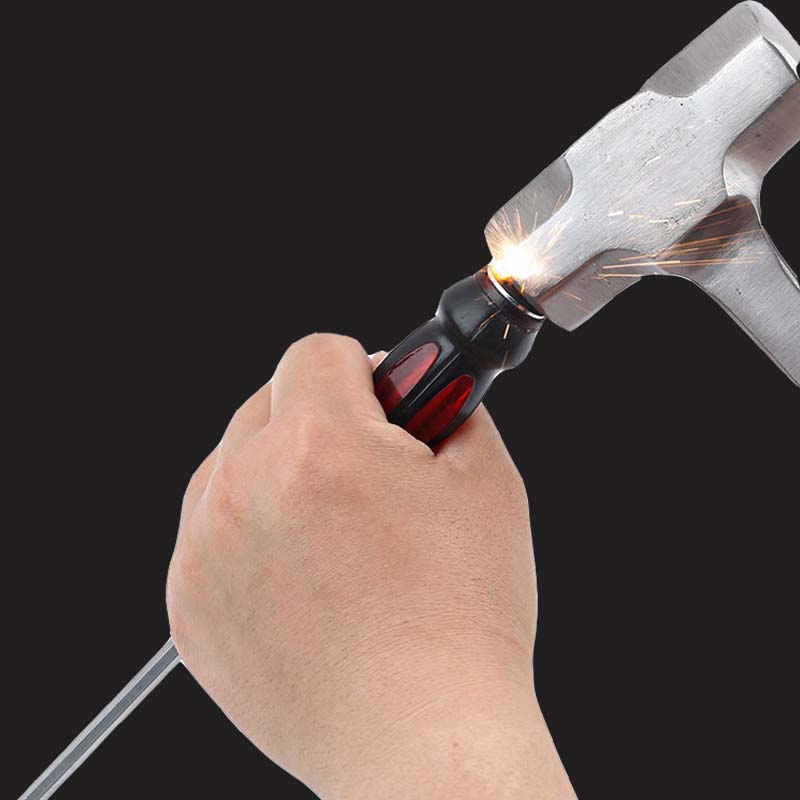 Hand holding ForKumi multifunctional screwdriver set hitting with a hammer creating sparks